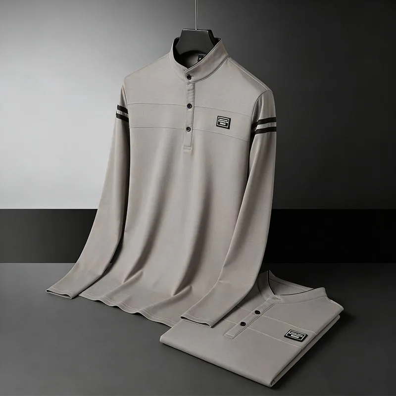 Herren Schwarzes Langarm-Poloshirt mit Stehkragen, Knopfleiste und Gestreiften Ärmeln für Alltägliche Freizeitkleidung – Detail 6