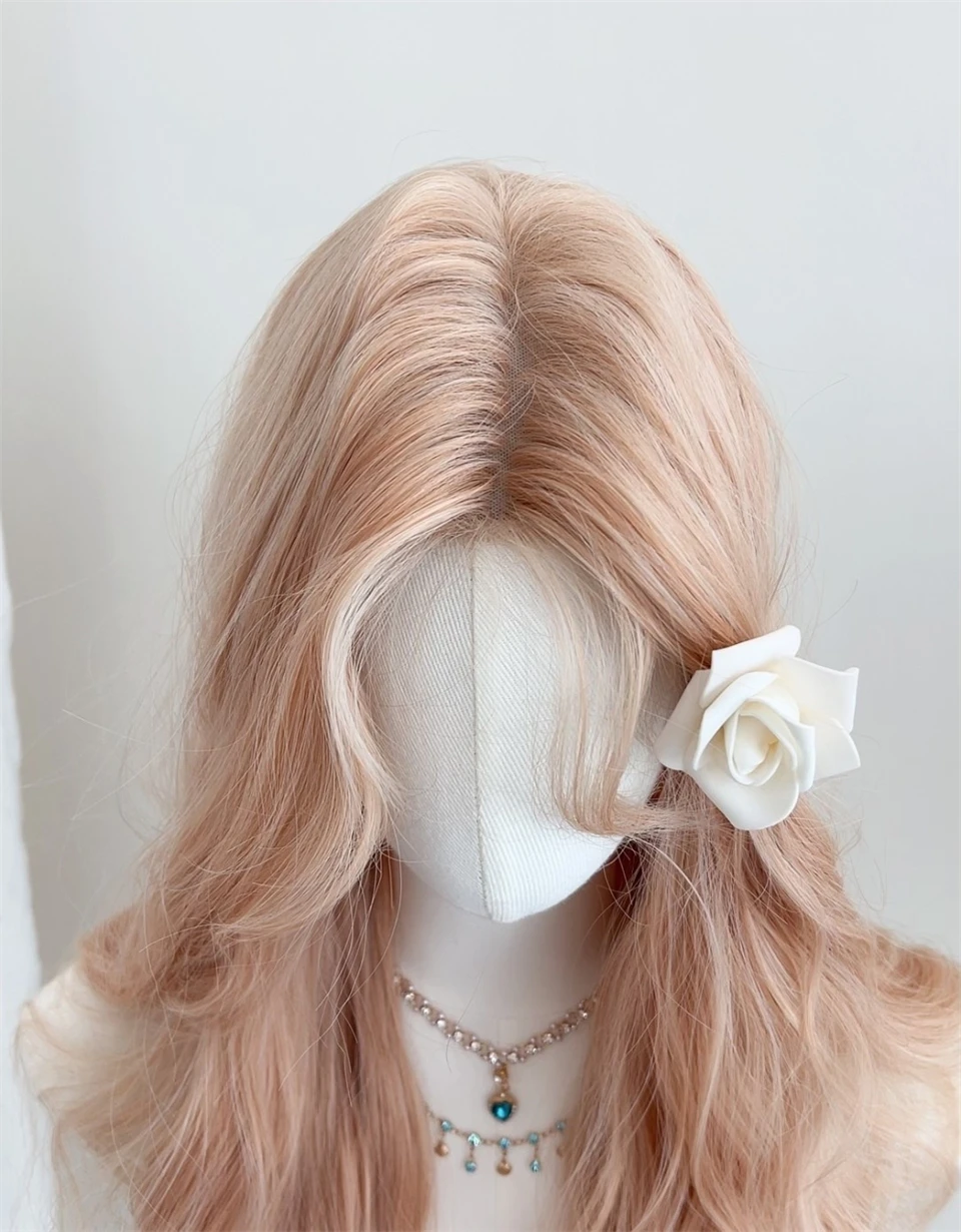 Pink Gold Synthetic Long Straight Wig with Bangs for Women