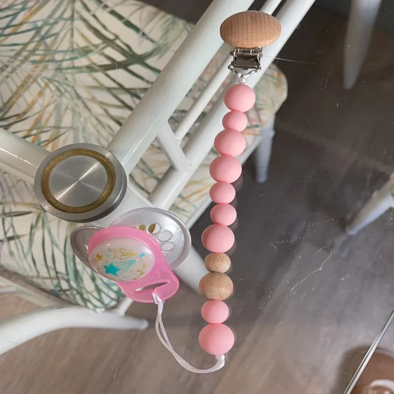 Baby Wood Beaded Pacifier Clip Silicone Chain Nipple Holder Infant Soother Teether