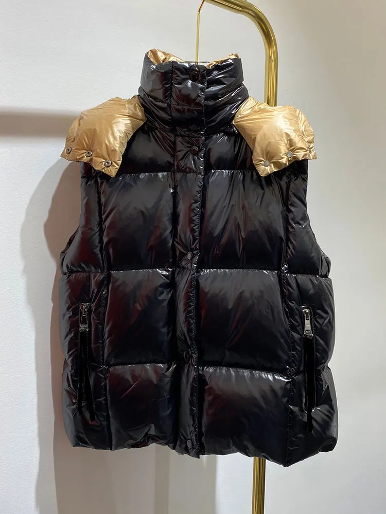 

Winter New Color Block Down Vest Women's Jacket Fashion Hooded Sleeveless Jackets For Women Bright Waterproof Casual Down Coats