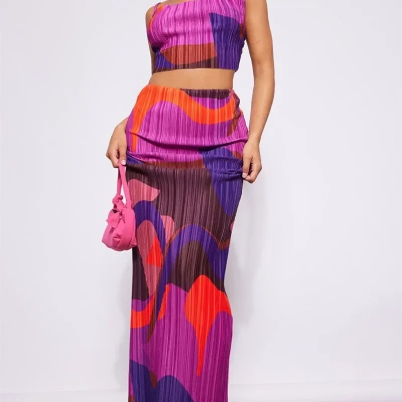 Beach Dress Women 2024 Sundress Clothes Swimsuit Print Pleated Two Piece Halter Slim Fit Skirt Solid Spandex Pareo Bikini Female