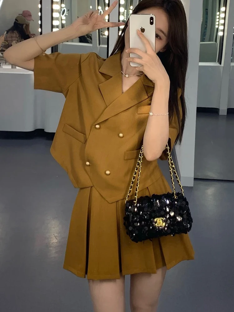 

New Blazer Suits Women Button Short Sleeve Blazer + Mini Pleated Skirt Summer Streetwear Clothing Two Piece Sets Women Outfit