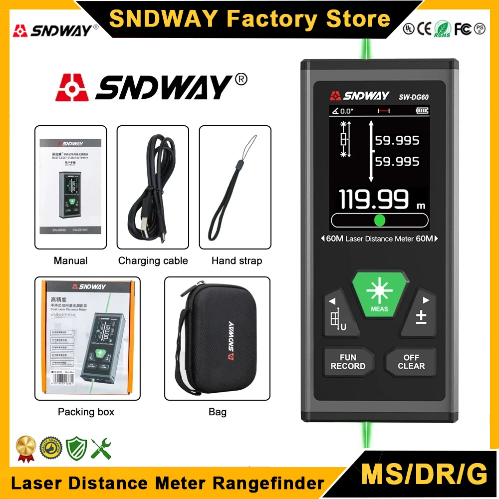 SNDWAY MS/DR/DG Series Digital Rangefinder Laser Distance Meter Professional Laser Tape Measure Tool M/In/Ft Range Finder