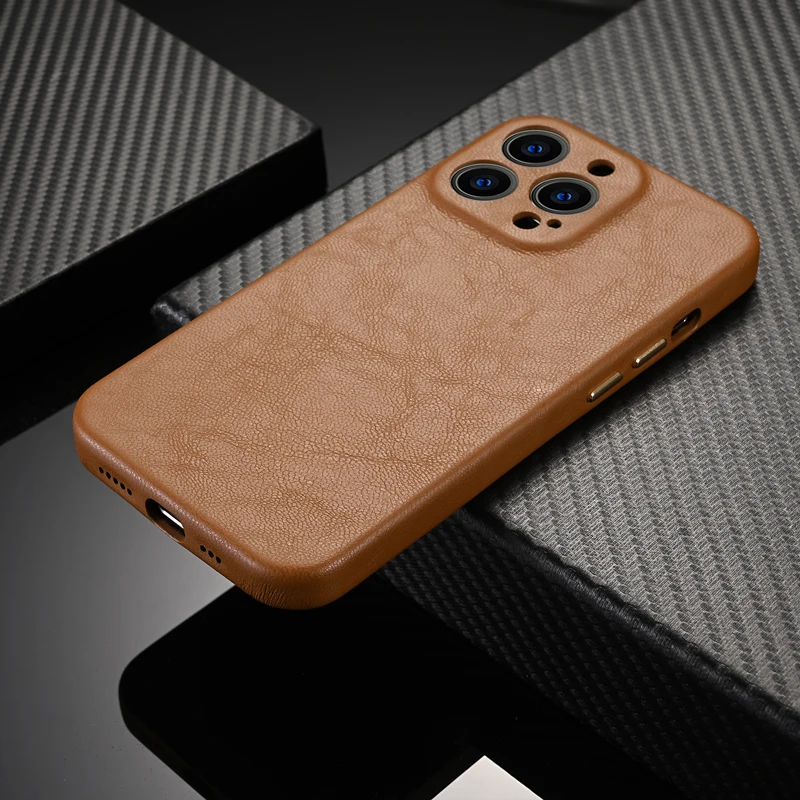 For iPhone 13 Pro Max Luxury Genuine Leather Case Camera Lens Protection Back Cover For iPhone 14 Pro Max Metal Button Case