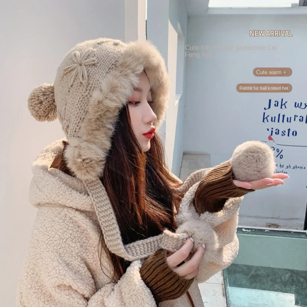 

Plush Fluffy Knit Cap Fashion Rabbit Hair Ball Handmade Crochet Fur Beanie Ear Protection Thicken Warm Balls Earflap Cap Lady