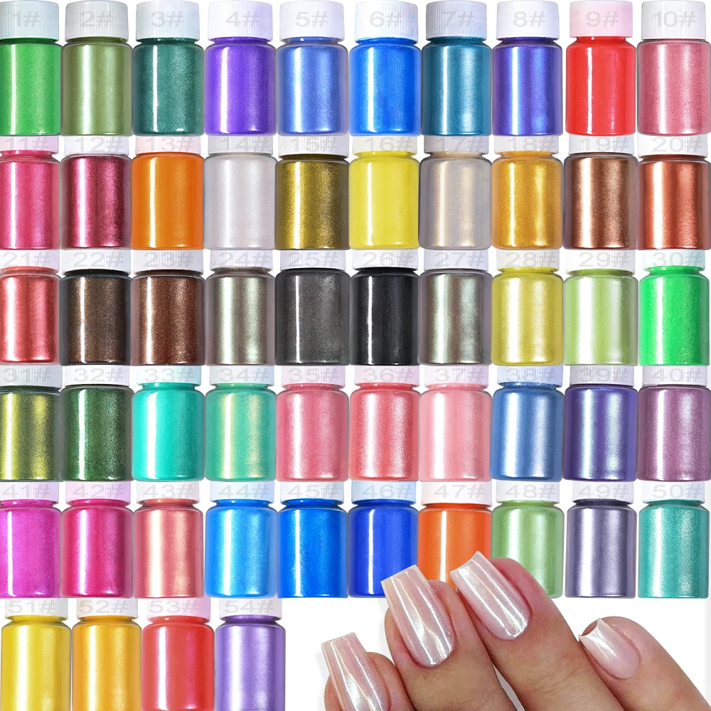 10G 54 Colori Pearl Nail Powder Pigment Aurora Chrome Mica Powder Per Craft Paper Arts Car Paint Soap Eyeshadow Nail Decoration C