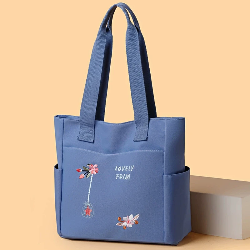 Damen-Tragetasche aus Oxford-Stoff, große Kapazität, Umhängetasche, Stickerei-Handtasche, mehrere Taschen, Reißverschluss, Shopper, Schultasche, Einkaufstasche – Detail 10