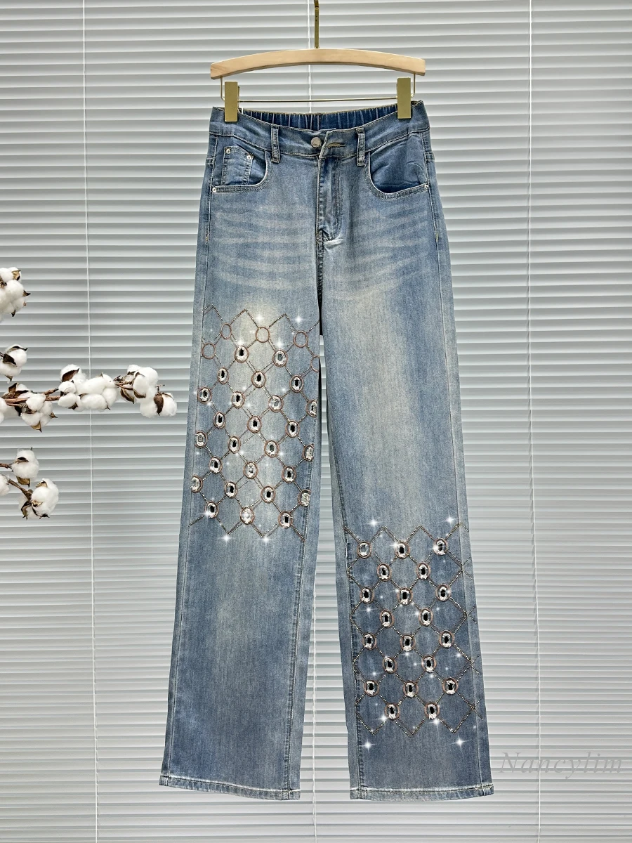 

European Style Ripped Rhinestone Mopping Jeans Women's New Summer Thin Denim Trousers 2024 High Waist Loose Wide Leg Pants