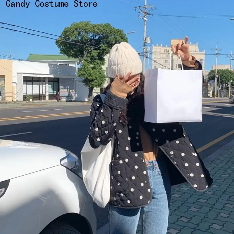 Female Long Sleeve Outwear Elegant Tops New Winter Polka Dot Women Coat O-Neck Warm Loose Casual Jacket