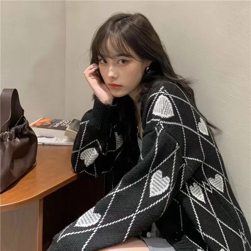 여성 니트 가디건 아가일 하트 패턴 자카드 스웨터 긴 소매 러브 스타일 코트, 2021 가을 겨울 빈티지 한국 탑