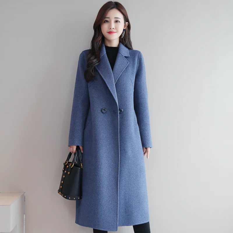 

Jackets for Women 2023 Breasted Pocket Elegant Long Coat Wool & Blends Fashion V-Neck Office Lady Grey Heavy Jackets