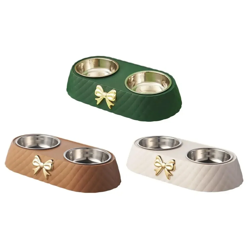 1Set Steel Double Dog Bowl Non-slip Bow Anti Spill Pet Bowl Sturdy Rust-resistant Pet Basin Feeder 5