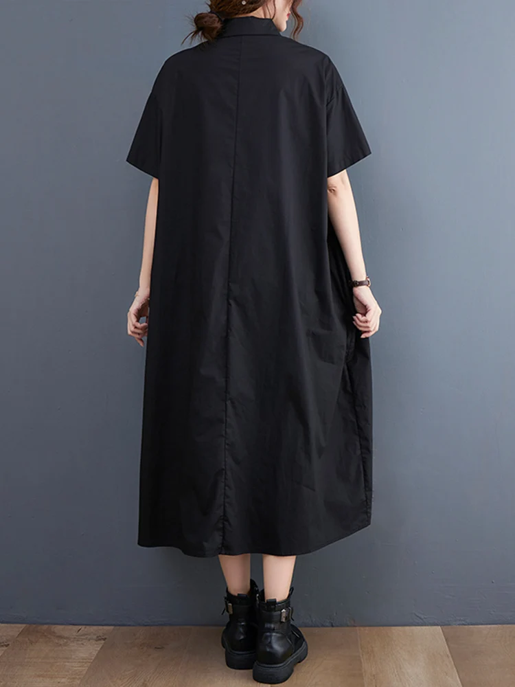 Cotton Black Vintage Print Women Shirt Dress New Loose Casual Lapel Short Sleeve Long Summer Dress Fashion Elegant Clothes 2025