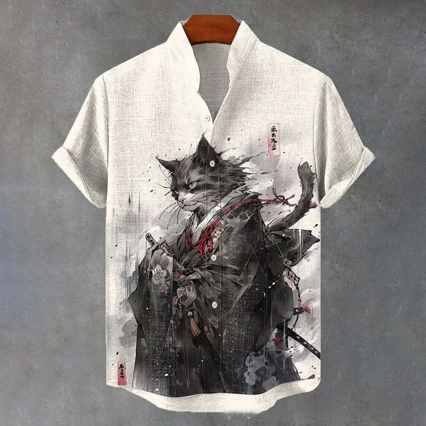 Men's Stand Collar Short Sleeve Shirt Bamboo Linen Fabric Crane Print Hawaiian Casual Loose Shirt