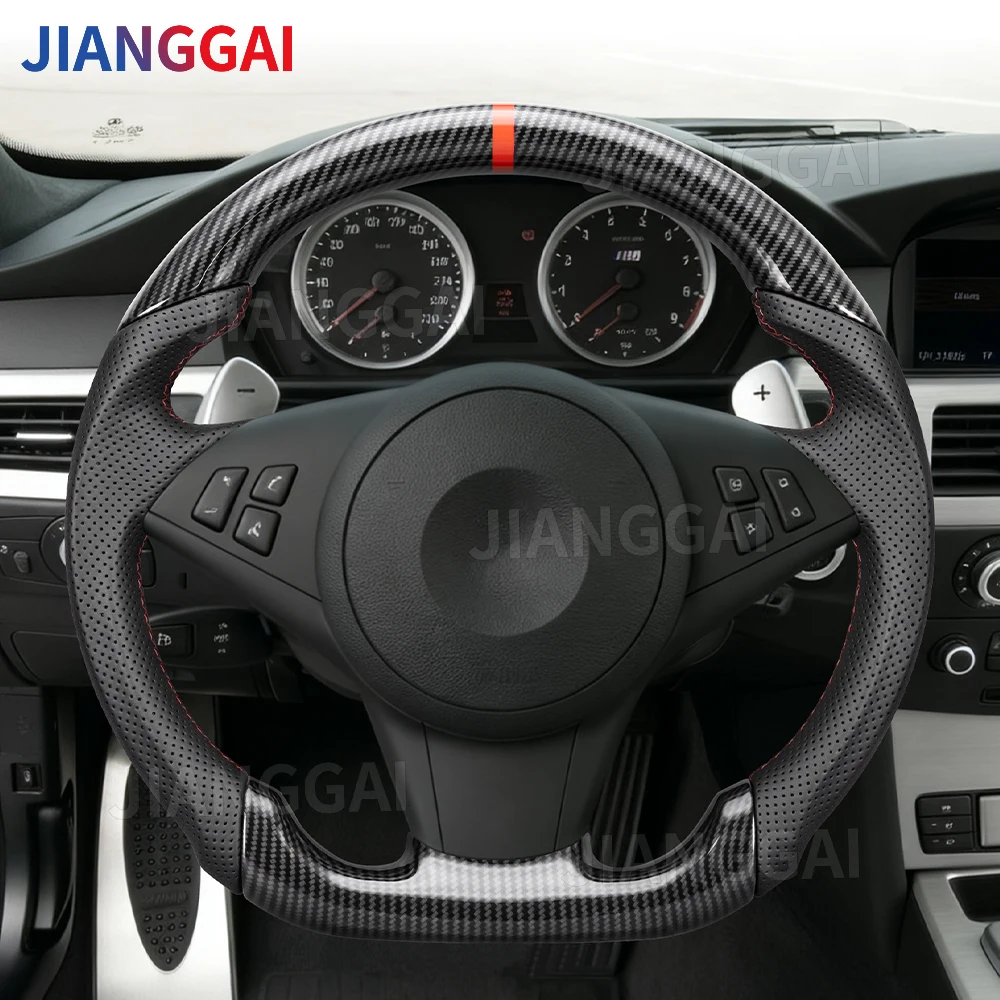 BMW E60 E61 E62 E63 M5 2003-2005용 하이드로 딥 카본 파이버 스티어링 휠 (패들 홀 포함, 레드 스트라이프, 천공 가죽)
