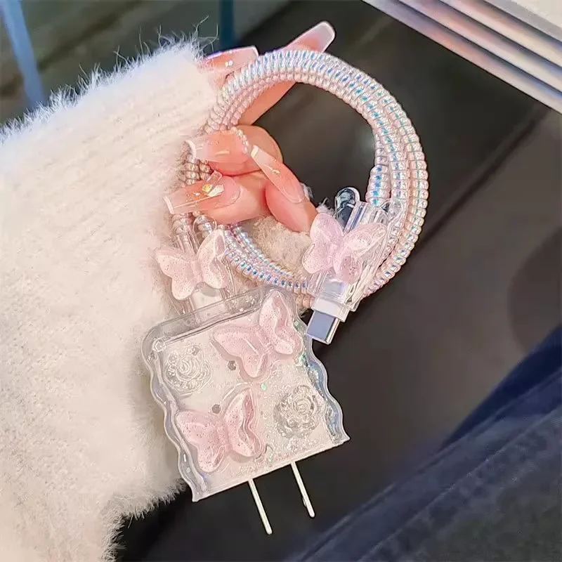 Cute 3D Butterfly Protector Cover For iPhone 18/20W Data Line Head Cord Charger Protective Case USB Cable Winder Wire Protectors