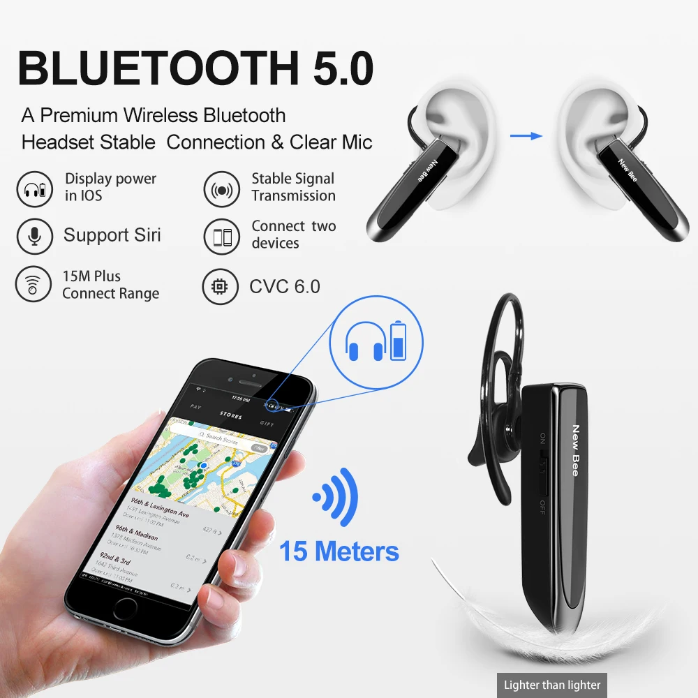 Ecouteurs GENERIQUE Oreillette sans Fil Bluetooth New bee Main Libre  Microphone Autonomie de 60 Jours en Veille Noir