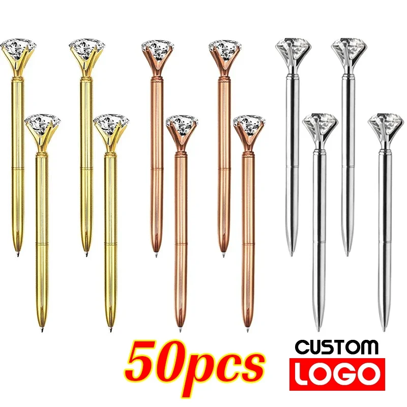 50 Pcs Big Crystal Diamond Metal Ballpoint Pen Custom Logo Ring Wedding Office Gift Roller Ball Rose Gold Free Engraving Text