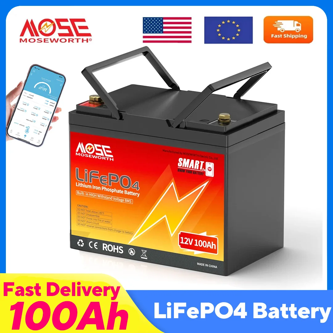 MOSEWORTH 12V 100Ah Bluetooth LiFePO4 Lithiumbatterie Smart 100A BMS 8000+ Zyklen wiederaufladbare Batterien für Camping Boot Solar