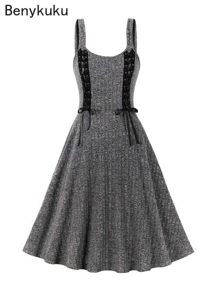

Grey Knitted Vintage Tank Dress Woman Clothes O-Neck Sleeveless Lace-Up Front Party Ladies Swing Retro Dresses for Women 2024
