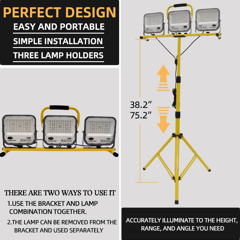 Portable Multifunctional LED Work Lights with Adjustable Telescoping Metal Tripod Bracket for Construction site industry