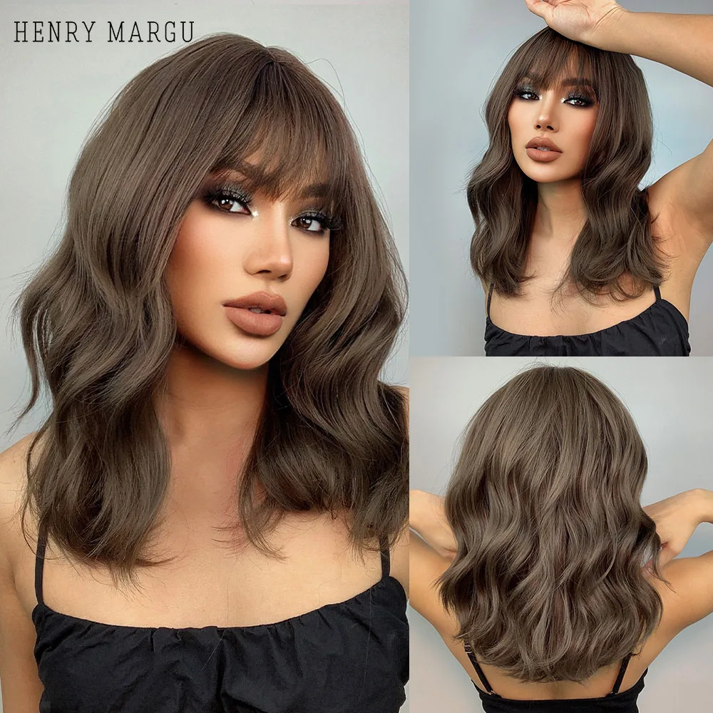 HENRY MARGU Black Dark Brown Medium Water Wave Wigs with Bangs Wave Cosplay Synthetic Hair Wig for Black Women Heat Resistant