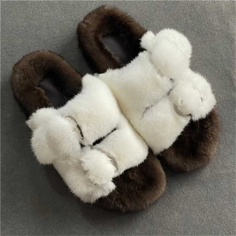 Fashion Mink Fur Slippers New Luxury Mink Slippers Women Feminine Flat Fur Drag Outdoor Aii-match Shoes Round Head