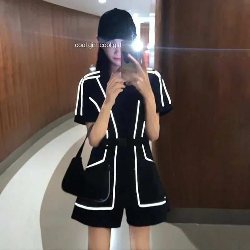 

Новинка рабочая одежда приталенные черные светоотражающие шорты летние корейские модные элегантные женские комбинезоны