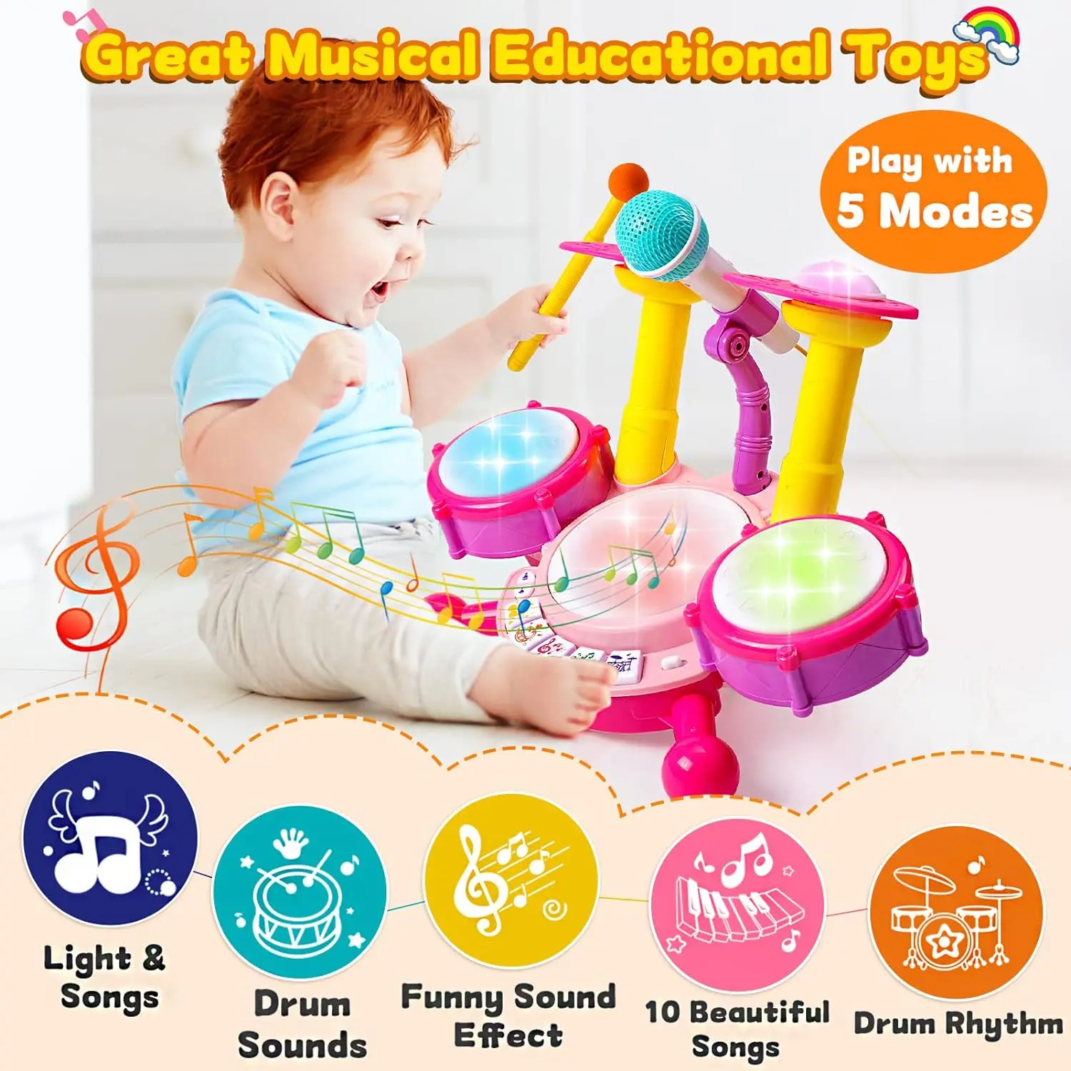 Jazz Rack Drum Set for BabyToddler Toys for Girl Educational Microphone Instruments Baby Toy Drum Percussion Instrument 4