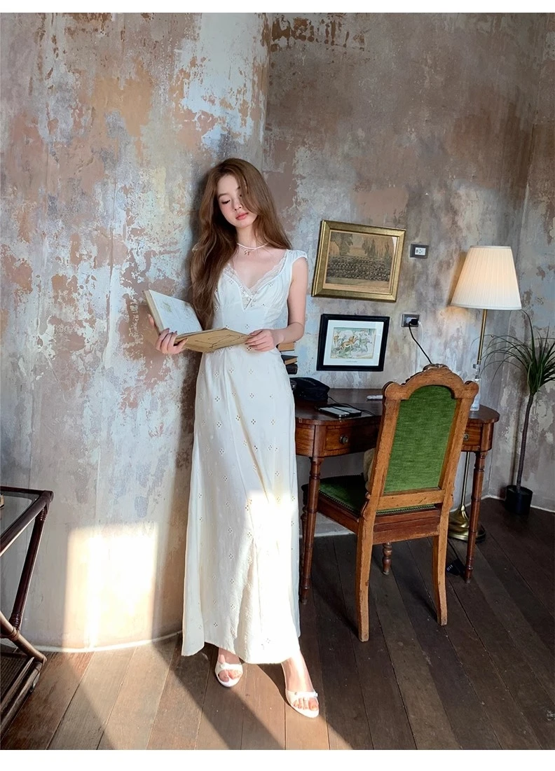 New Summer Hollow Out Midi Dress Women V-neck Vocation French Style White Dress Elegant Casual Korean Fashion Slim Vestidos 2025