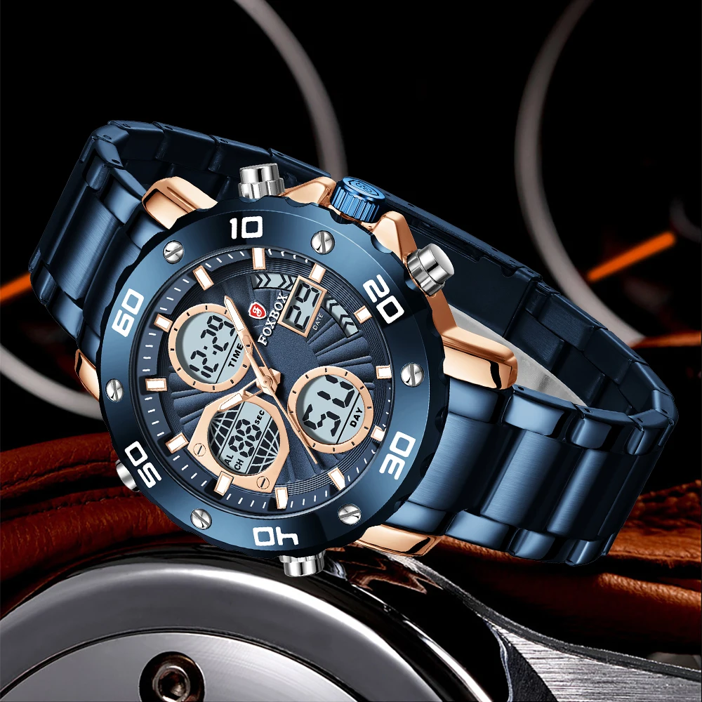 FOXBOX Fashion Military Watch Men Top brand Luxury Waterproof Sport Quartz Chronograph Clock Male Casual Dual Display Watch Men