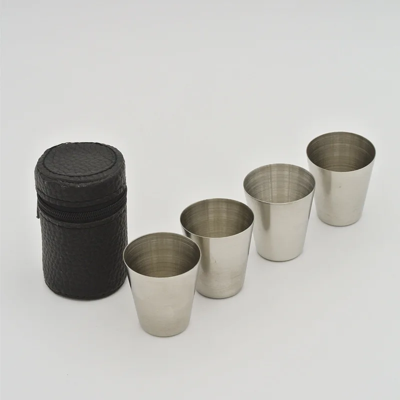 1/2/4pcs 30ml Set Polished Mini Stainless Steel Shot Glass Cup Drinking Wine Glasses with Leather Cover Bag for Home Kitchen Bar