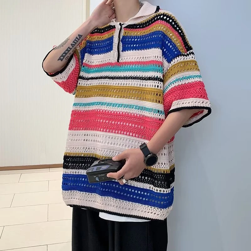 

Fashion New Arrival Short Sleeve Tee Loose Pullover Top For Man Men Lapel Button t Shirt Vintage Stripe Patchwork Summer Shirt