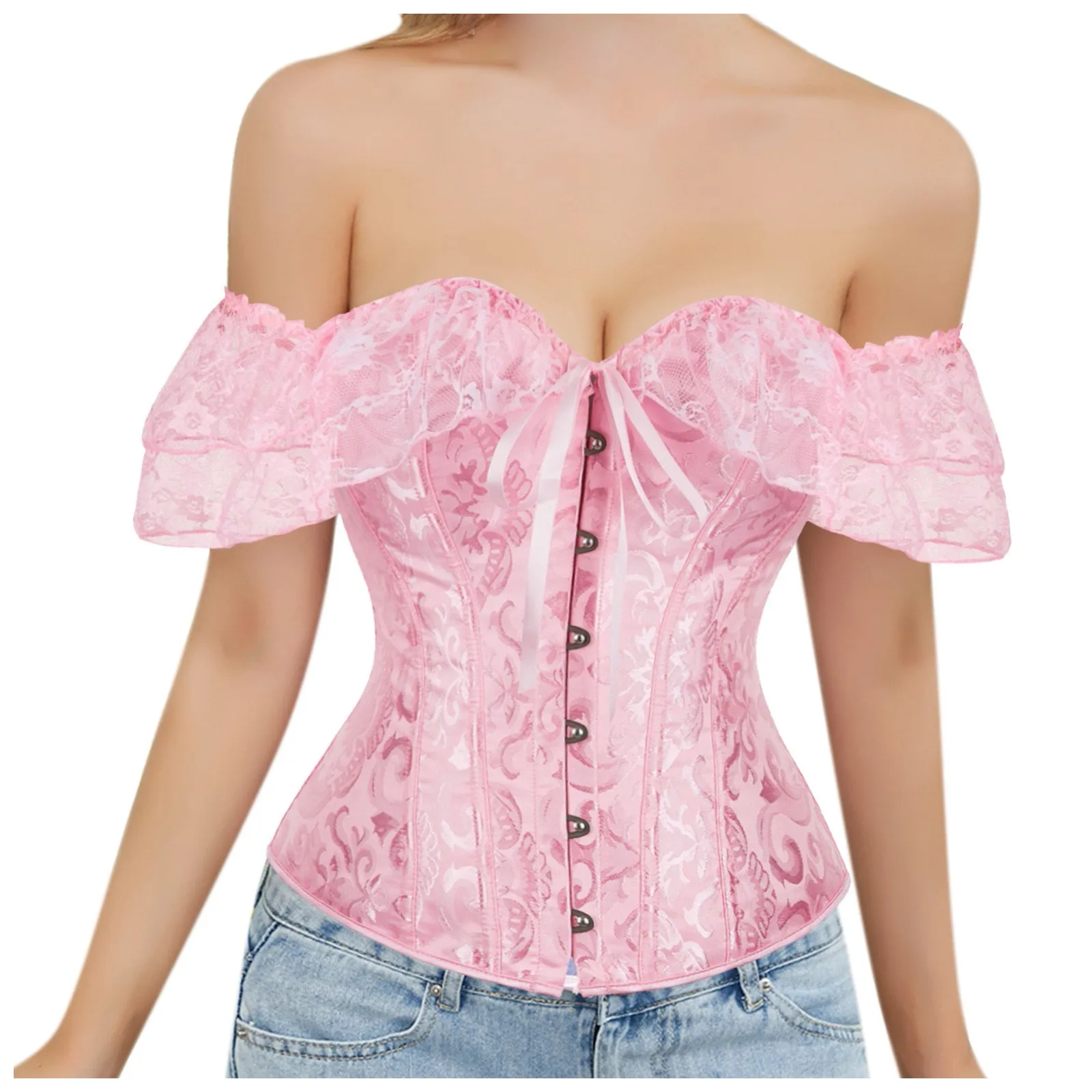Pink Women Overbust Corset Off Shoulder Floral Print Bustier Top Elegant Vintage Short Sleeves Sexy Outfits Gothic Corselet