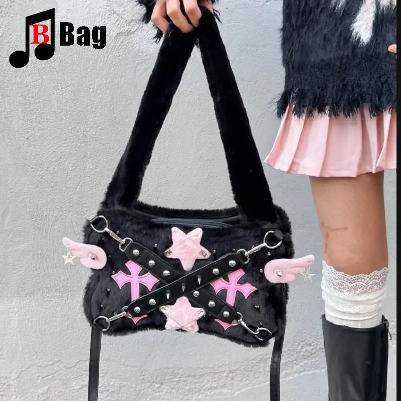 

Готическая Лолита JK Harajuku женские сумки на одно плечо для девочек в стиле панк сумка Y2K пушистая звезда универсальные сумки через плечо тоут