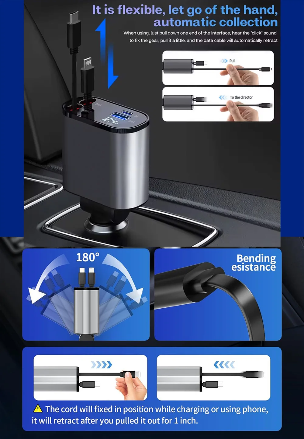 5 in 1 120W Car Charger Retractable Car Cigarette Lighter Adapter USB Type C Fast Charger Cable For IPhone Xiaomi Huawei Samsung