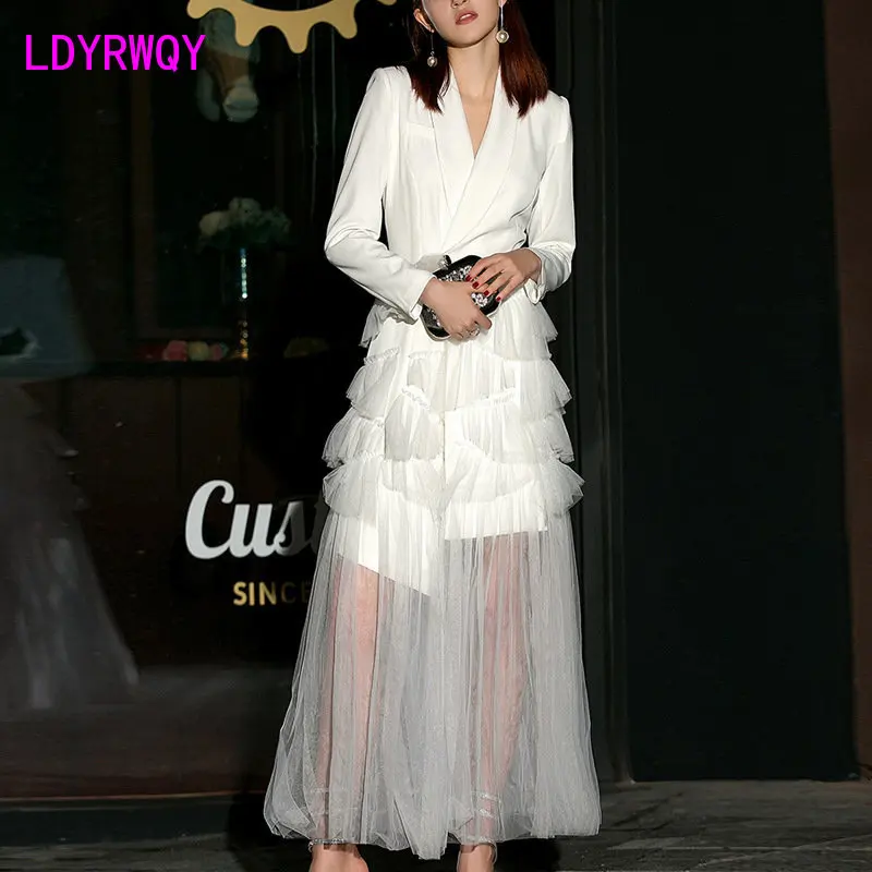 

2022 autumn British style women's mesh paneled long dress long sleeve suit skirt European and American dress