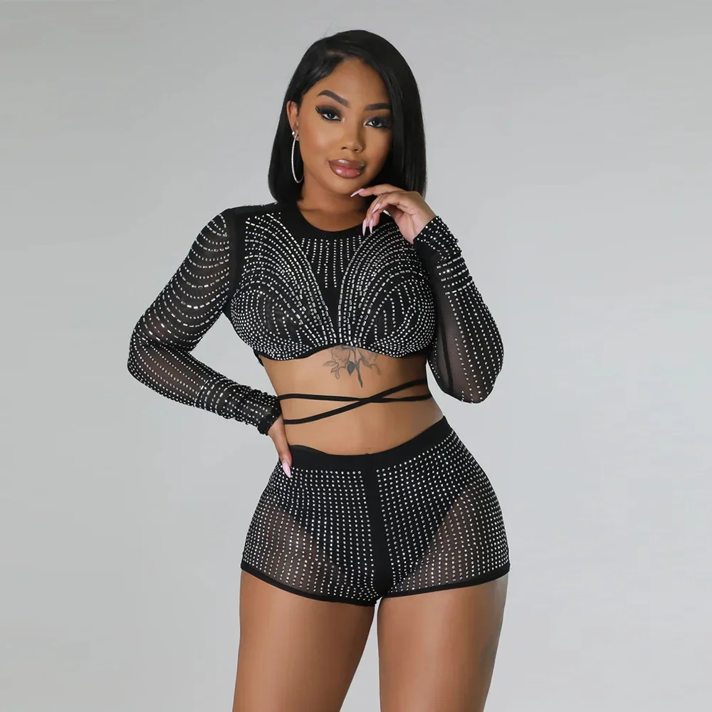 

2024 Ladies Summer Fashion Long Sleeve Round Neck Top with Sexy Nightclub Shorts Hot Diamond Two Piece Set