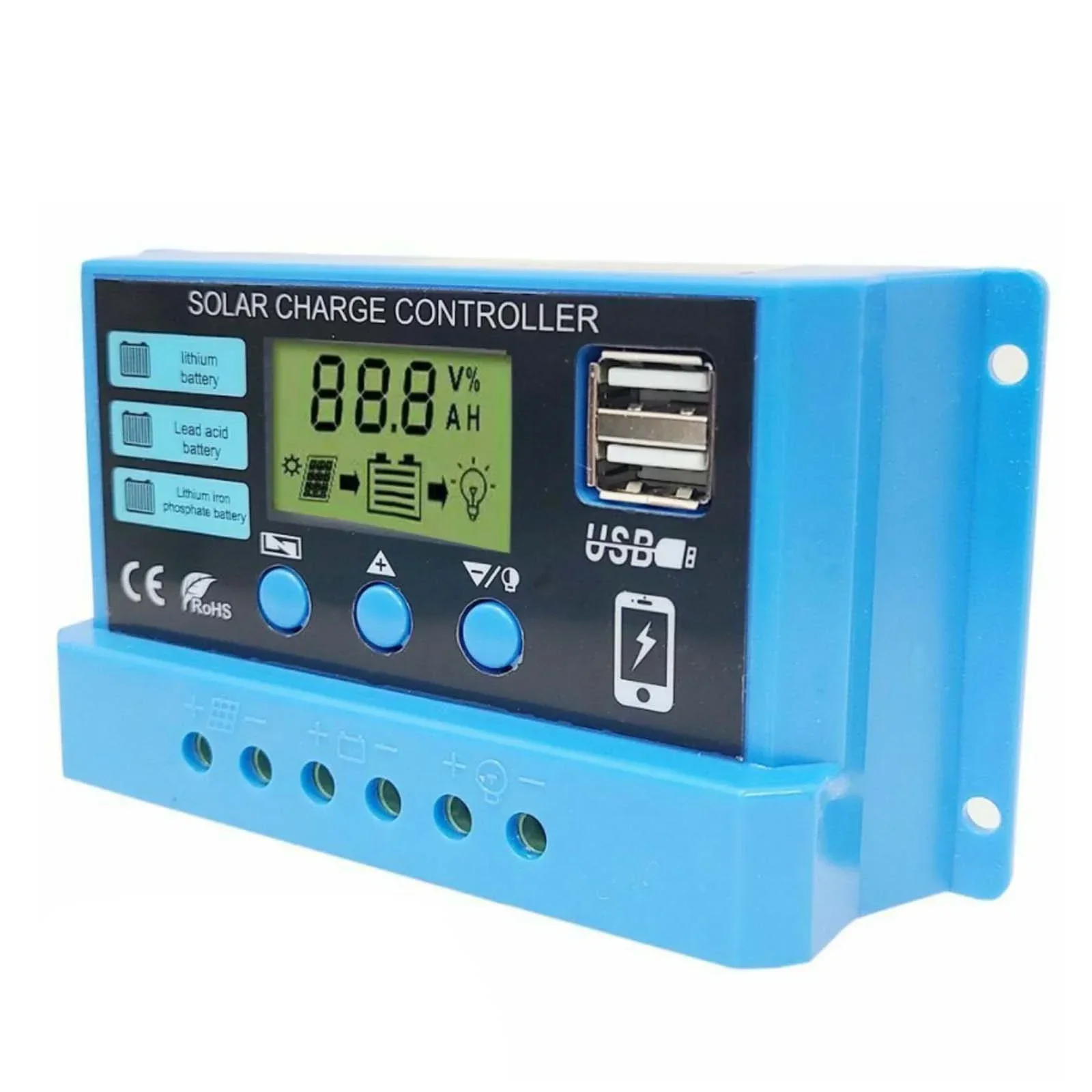 10A 20A 30A Blue PWM Solar Charger Controller 12V 24V Panel Charger Regulator Lifepo4 Lithium Battery 500W Battery Charger Solar Panel Voltage Controller