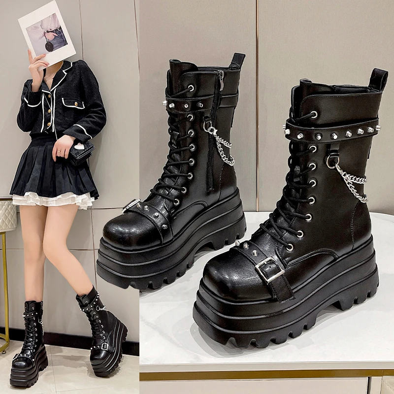 Platform Boots Lady Buckle Autumn Wedges Knee High Punk Street Cosplay Motorcycle Chain platform boots