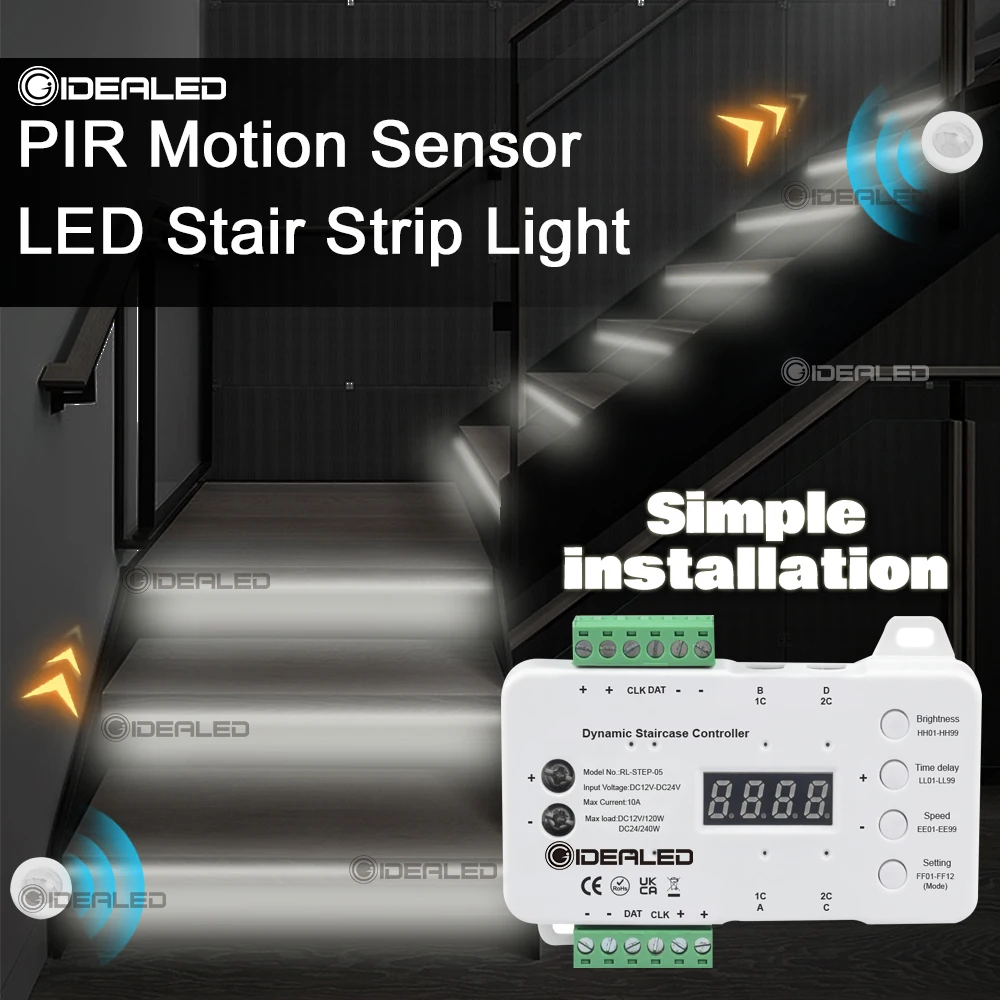 Motion Sensor COB LED Light Strip Stair LED Controller Dimming Indoor DC12V No Need to Weld Wires Installation For Stairs