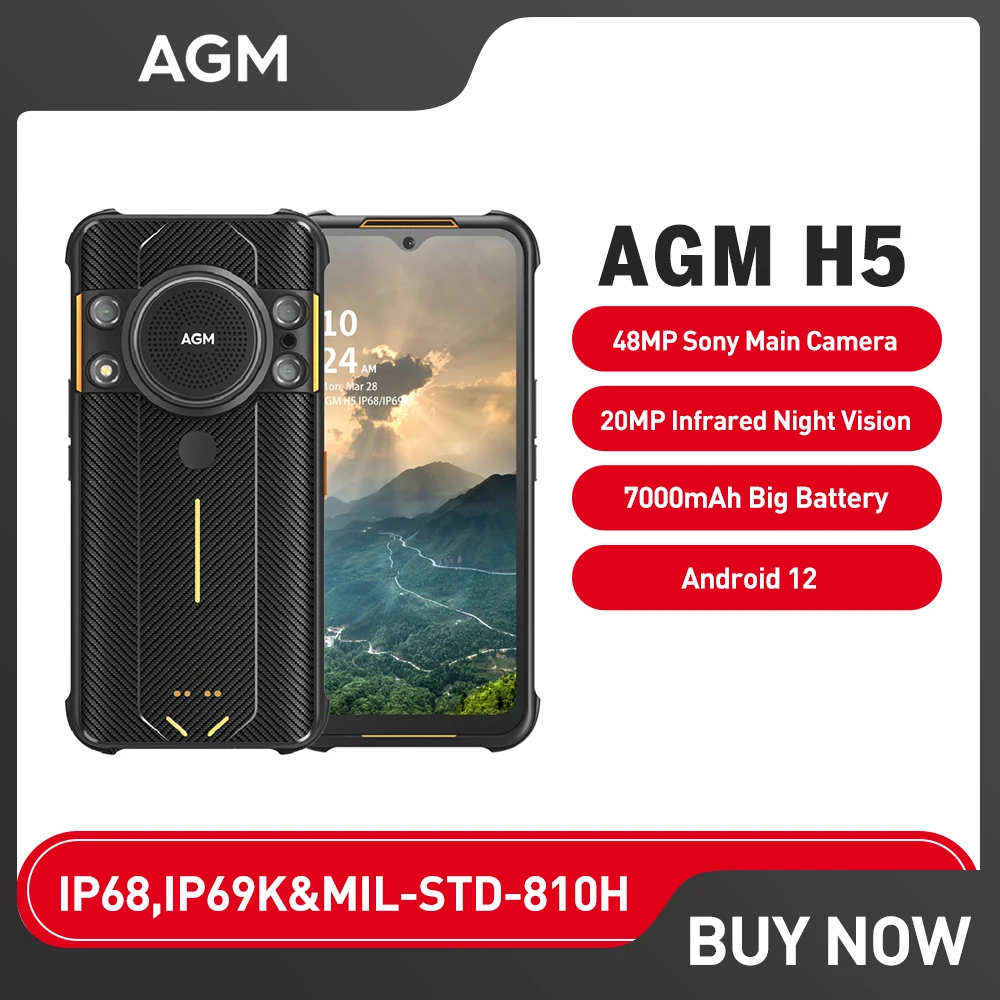 AGM H5 Rugged Phone 6.5 Inch 8+128GB IP68/IP69K Smartphone Android 12 Night Vision Phone 3.5W Loud Speaker NFC Russian Version