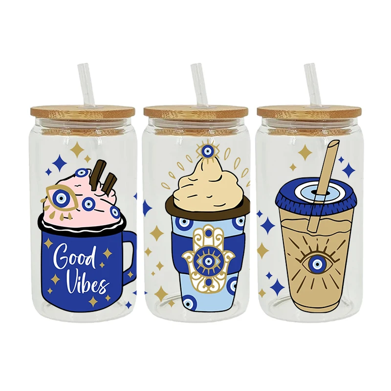 Blue Evil Eye Turkish Eye Humsa Stickers 16oz Libbey Glass Can Cup Wrap D2862 adhesive vinyl stickers glass can wrap