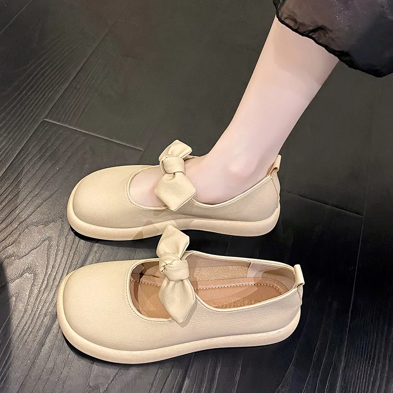 Mary Jane Shoes Women's  Summer New French Niche Design with A Soft Sole Round Toe Bow and Shallow Cut Single Shoe