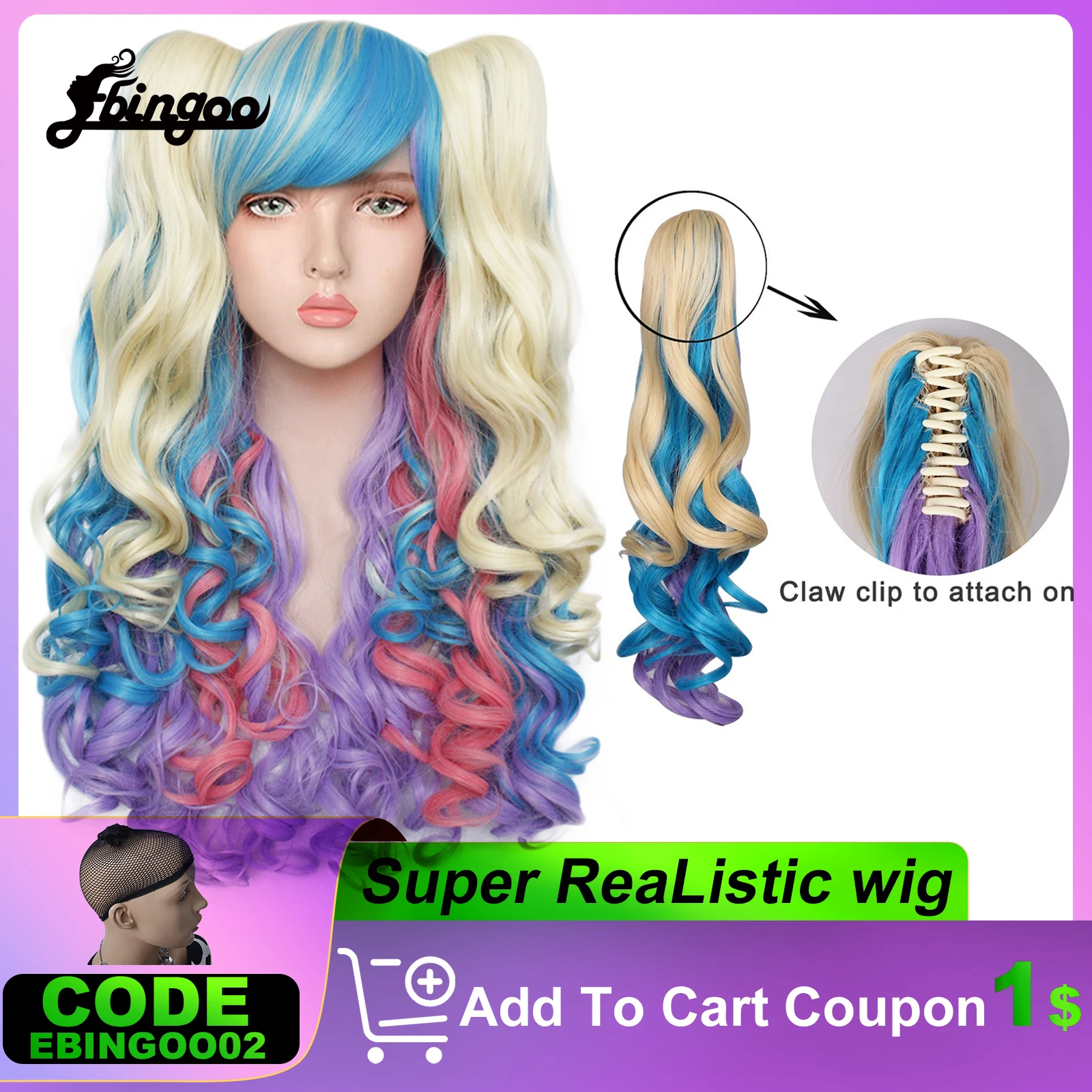 Ebingoo Synthetic Lolita Wave Cosplay Wigs with Bangs for Halloween Anime Role Play Hair Rainbow Mix Multicolor Wig 2 Ponytails sneakers halloween pumpkin face lace up sneakers in multicolor size 38 41