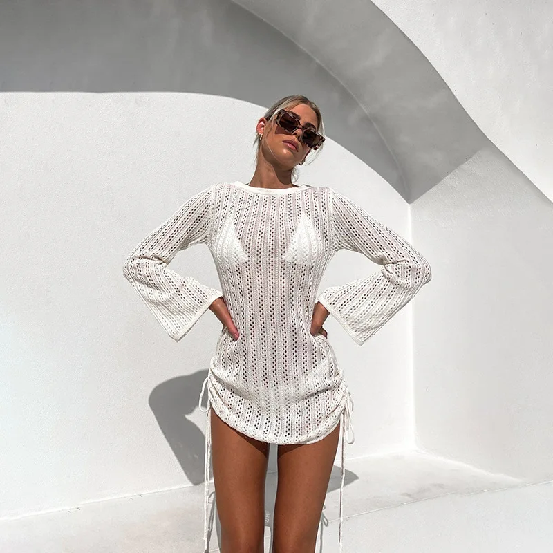 Hollowed-Out Side Strap Crewneck Backless Sunblock Beach Blouse Jumpsuit Summer Top For Women swimsuit cover up swimsuit coverup beach suit beach dress set beach evening dress