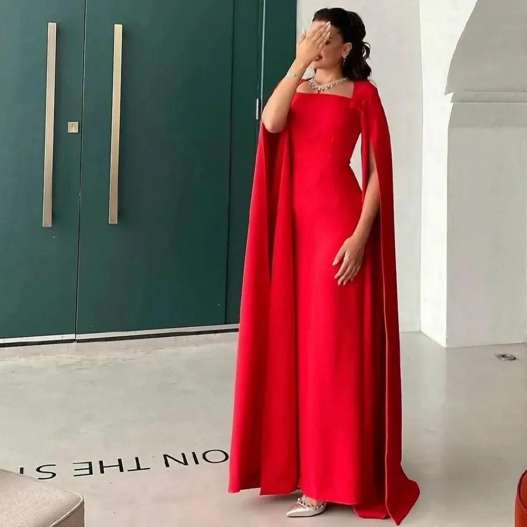 

Saudi Arabia Long Red Sqaure Evening Dresses With Cape Sheath Ankle Length فساتين سهرة Zipper Prom Dress Abendkleid for Women