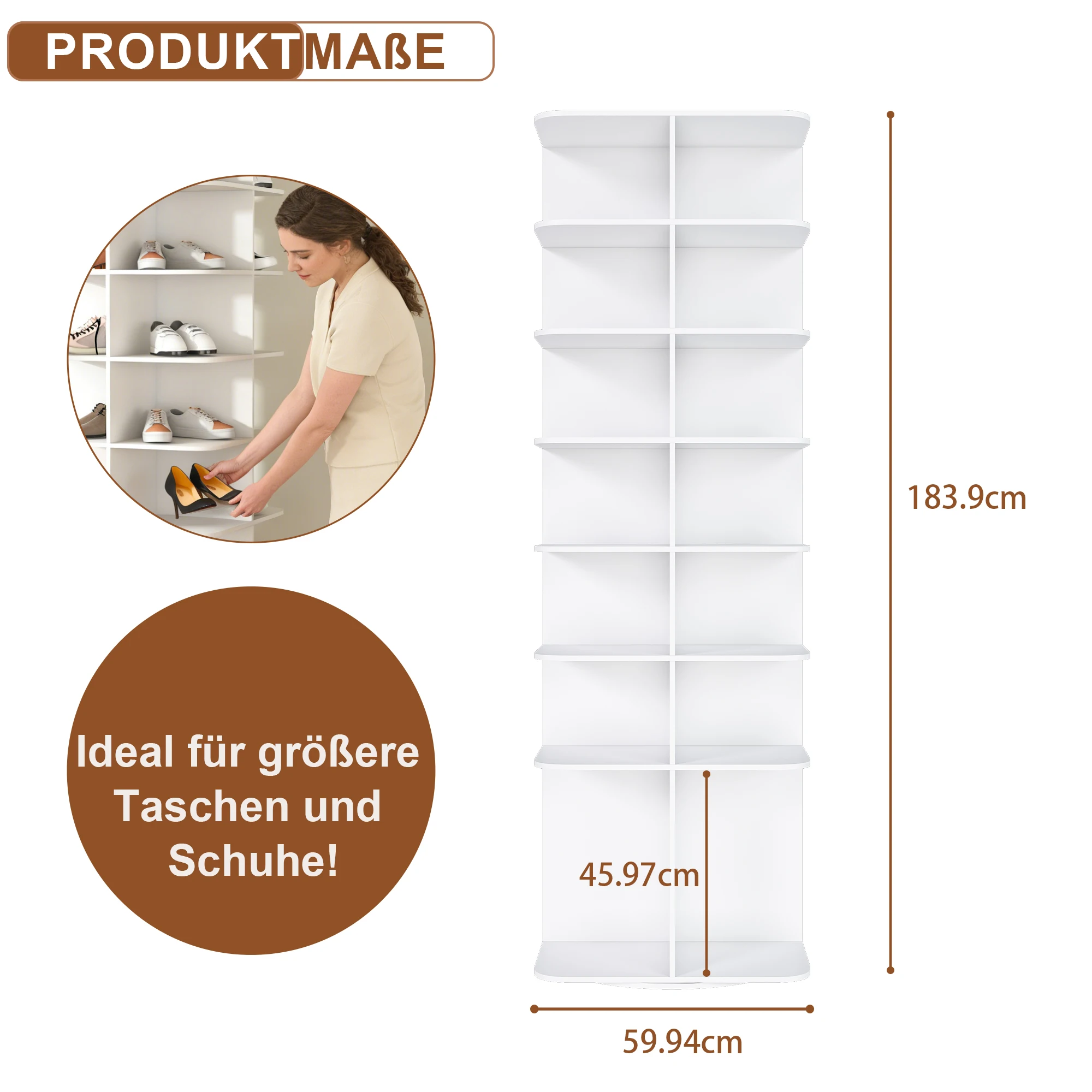 Weißes 7-stöckiges 360-Grad-Regal ° Drehbarer Schuhturm, freistehender Organizer, fasst 28 Paar Schuhe – Detail 4