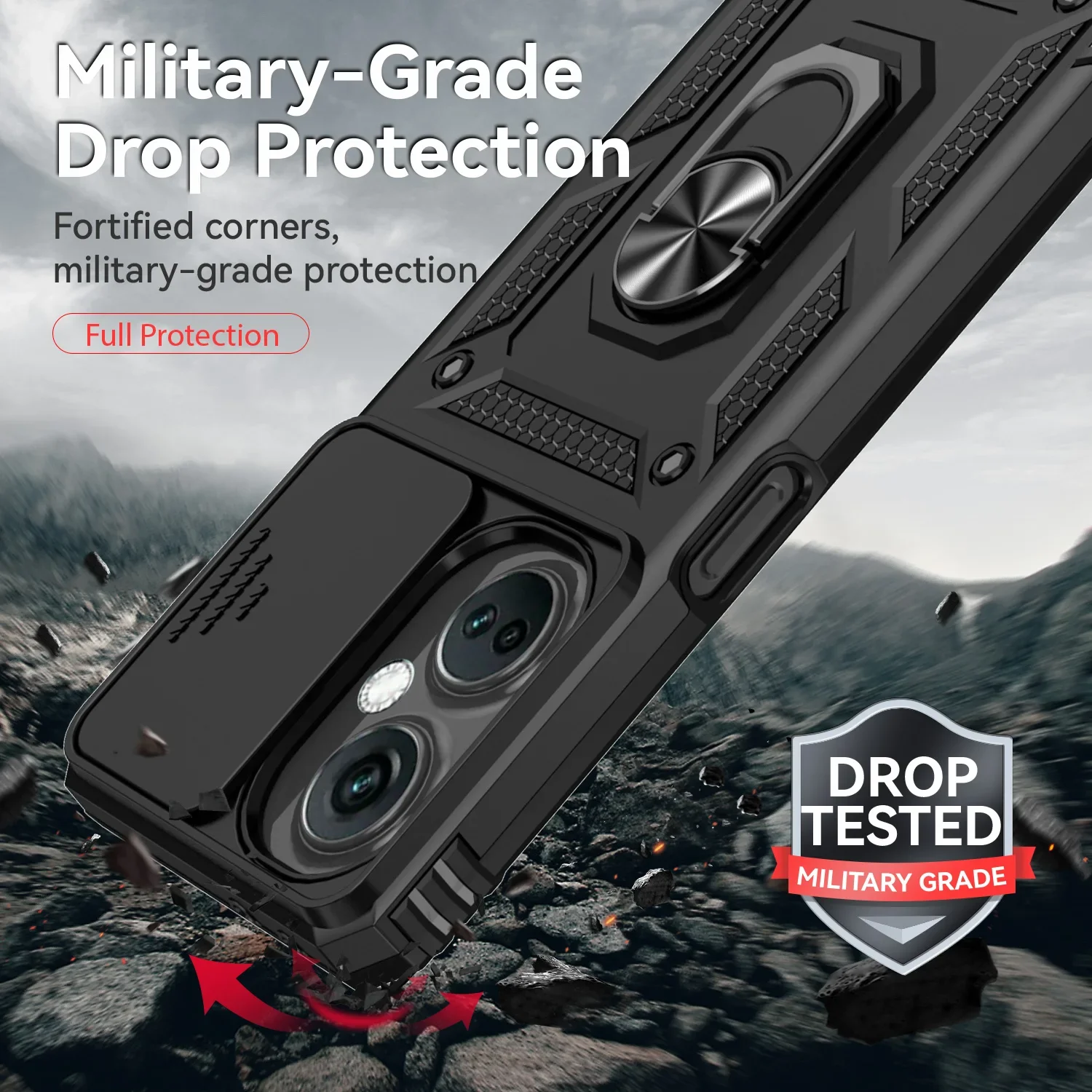 Armor Shockproof Phone Case with Metal Ring Holder and Slide Camera Lens Protector