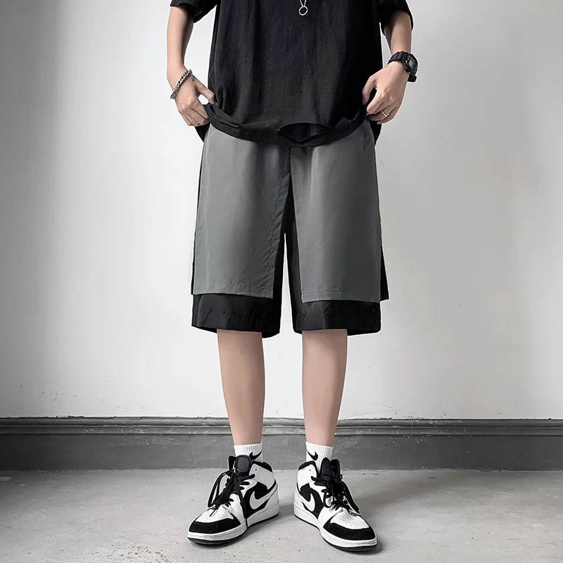 Summer Fashion 2-piece Design Shorts Men Harajuku Streetwear Shorts Joggers Hip Hop Punk Beach Cargo Loose Comfortable Shorts